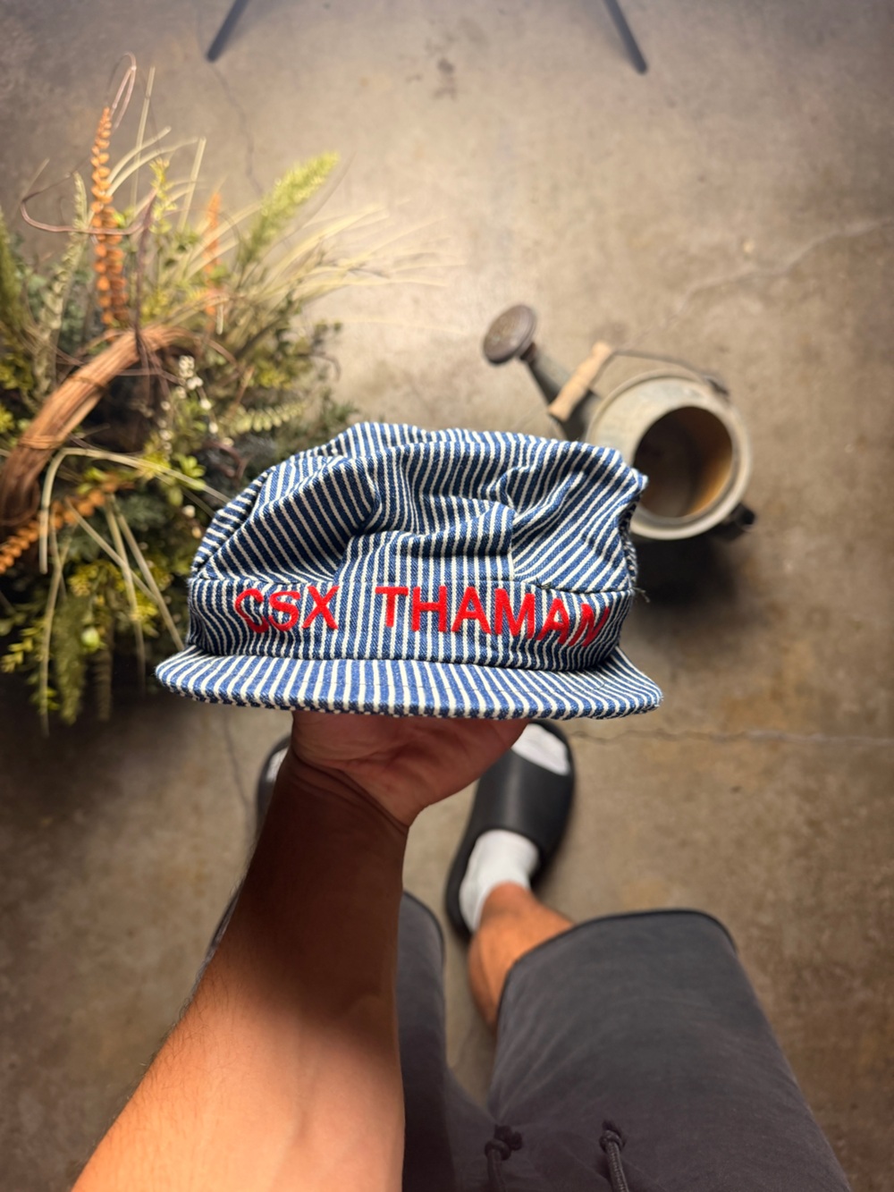 Striped Blue Canvas Men’s Pouch with Red Embroidered Logo
